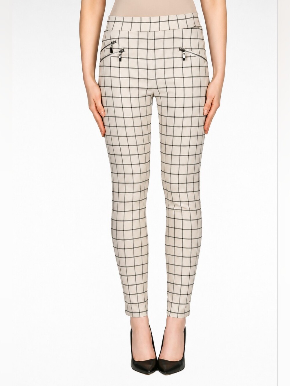Joseph Ribkoff Beige Grid Checked Pull On Skinny Ankle Pants Size 16